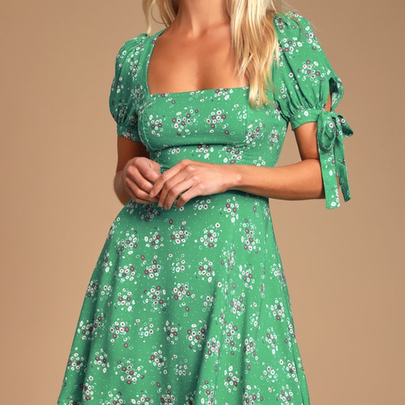 Lulu's  Camellia Curtsies Green Floral Print Skater Dress - Picture 2 of 6